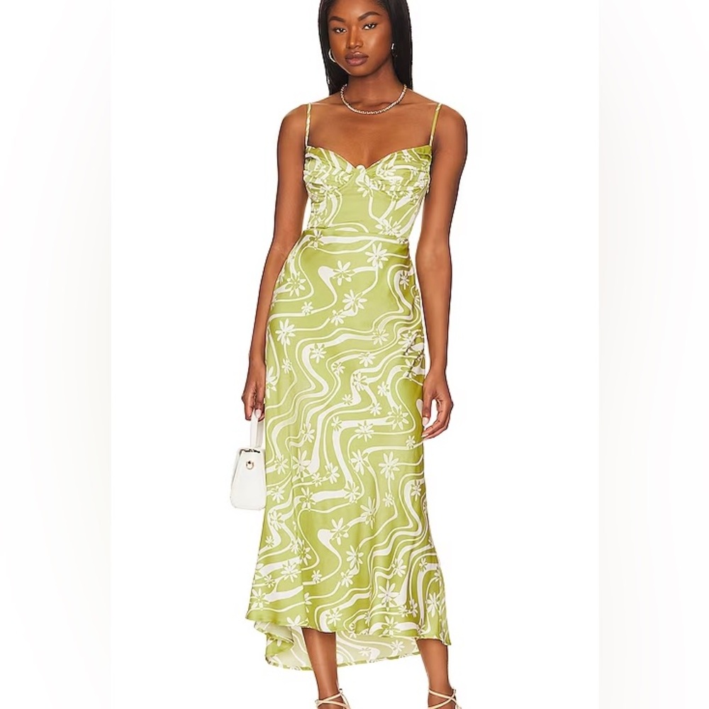NWOT ASTR Maybel Retro Midi Bustier Dress in Celery Floral w/ Flounce Hem Size M